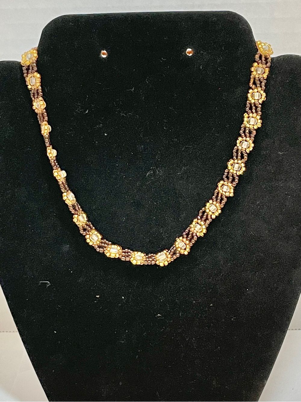 Vintage 90's Handmade Sunflower Seed Bead Choker Necklace Boho Daisy Chain 14.5”